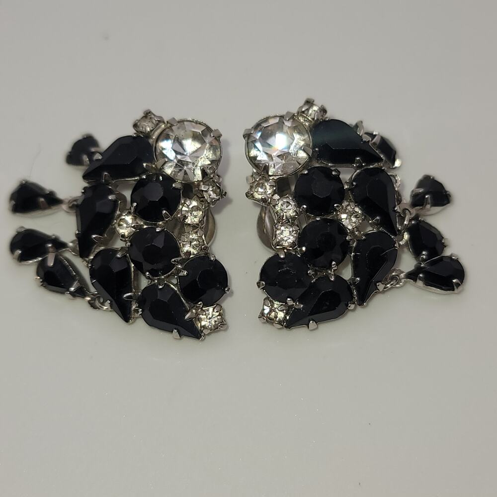 Vintage Signed WARNER Black Rhinestone Dangle Clip-On Earrings R&L